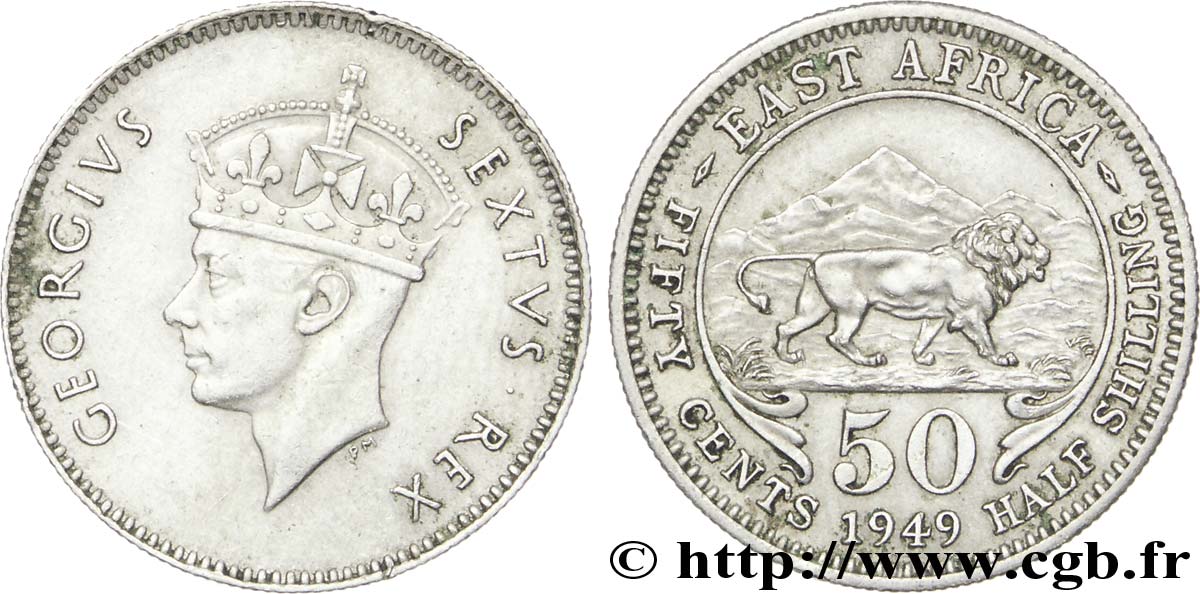 BRITISCH-OSTAFRIKA 50 Cents (1/2 Shilling) Georges VI / lion 1949  VZ 