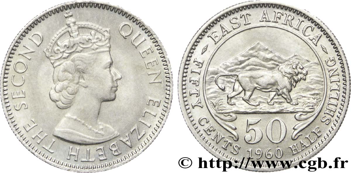 BRITISCH-OSTAFRIKA 50 Cents (1/2 Shilling) Elisabeth II / lion 1960  VZ 