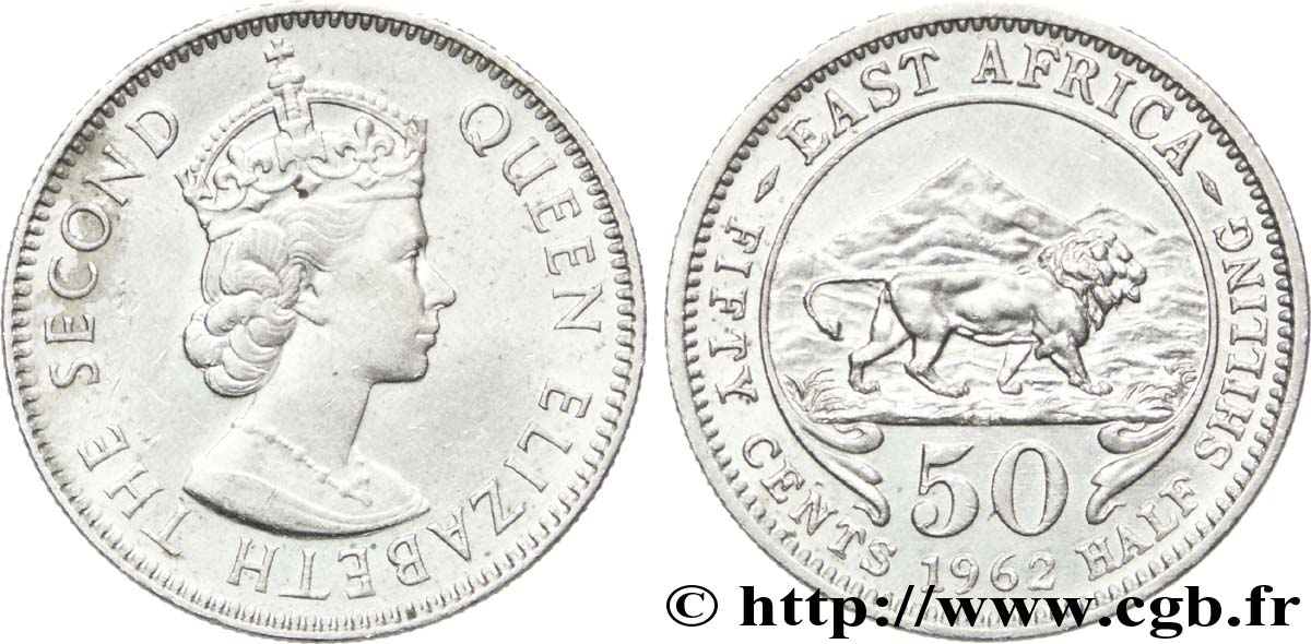 EAST AFRICA (BRITISH) 50 Cents (1/2 Shilling) Elisabeth II / lion 1962 Kings Norton - KN AU 