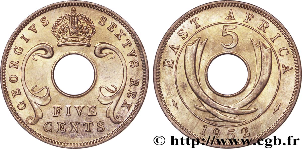 ÁFRICA ORIENTAL BRITÁNICA 5 Cents frappe au nom de Georges VI 1952 Londres SC 