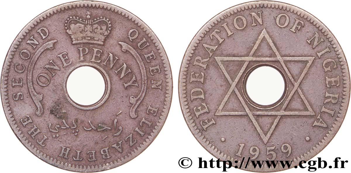NIGERIA 1 Penny Fédération du Nigeria frappe au nom d’Elisabeth II 1959  BC+ 