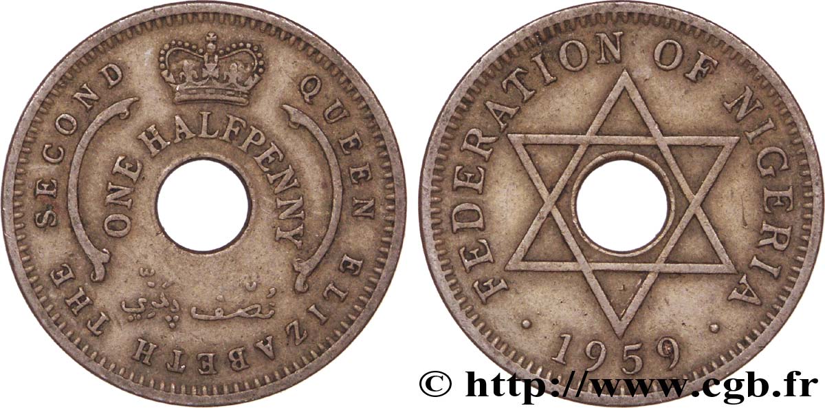 NIGERIA 1/2 Penny Fédération du Nigeria frappe au nom d’Elisabeth II 1959  TTB 
