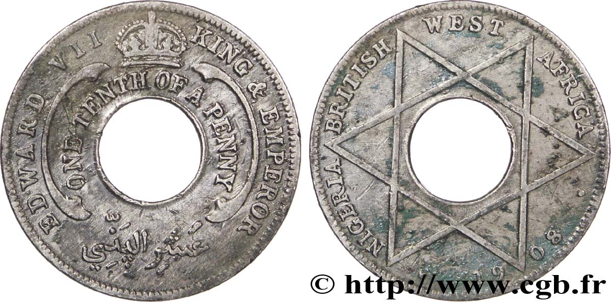BRITISCH-WESTAFRIKA 1/10 Penny frappe au nom d’Edouard VII 1908  VZ 