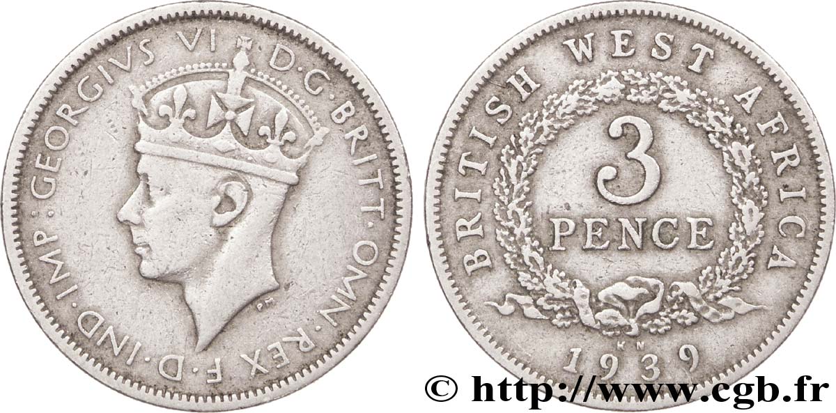 BRITISH WEST AFRICA 3 Pence Georges VI 1939 Kings Norton - KN XF 