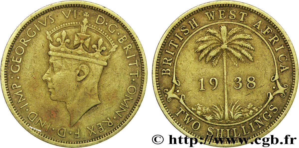 ÁFRICA OCCIDENTAL BRITÁNICA 2 Shillings Georges VI / palmier 1938 Heaton - H BC 