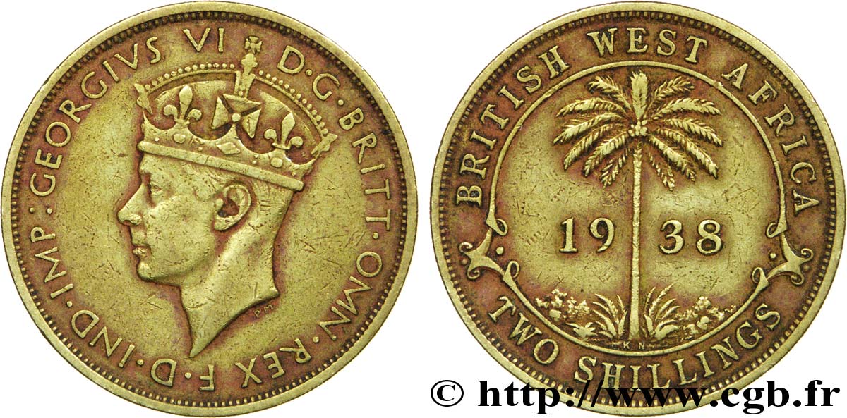 AFRICA DI L OVEST BRITANNICA 2 Shillings Georges VI / palmier 1938 Kings Norton - KN BB 