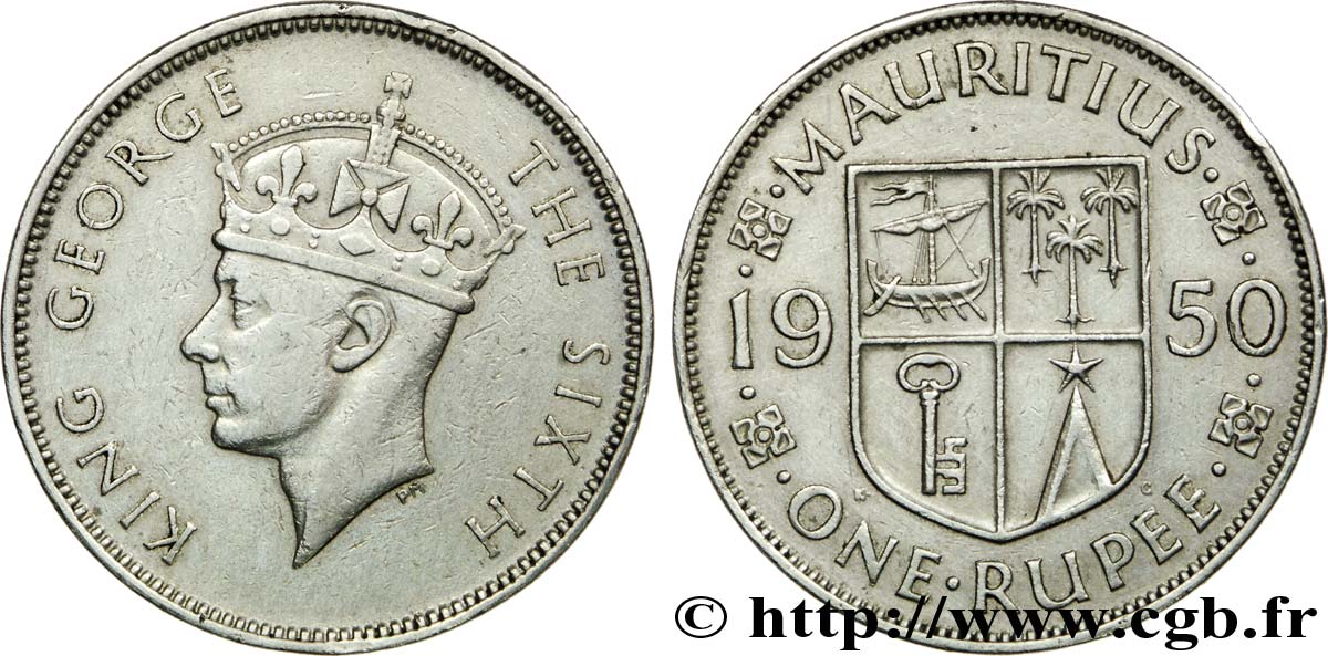 MAURITIUS 1 Roupie roi Georges VI / blason 1950  VF 