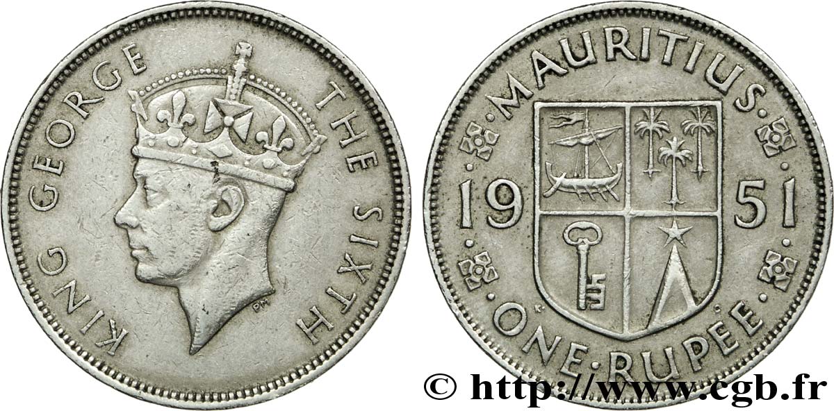 MAURITIUS 1 Roupie roi Georges VI / blason 1951  VF 