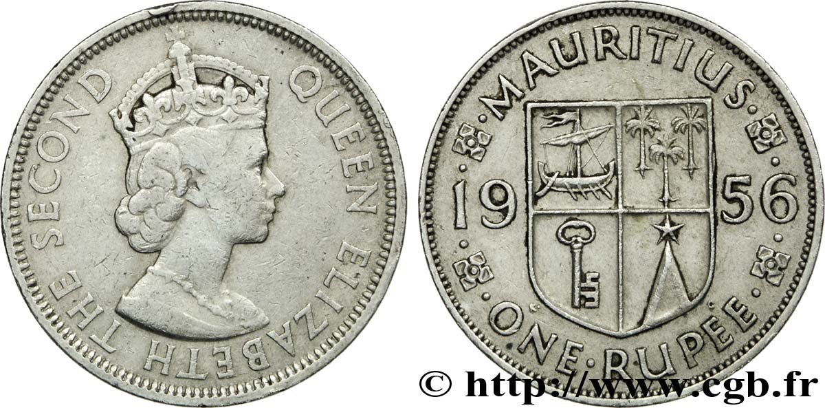 MAURITIUS 1 Roupie roi Elisabeth II / blason 1956  VF 