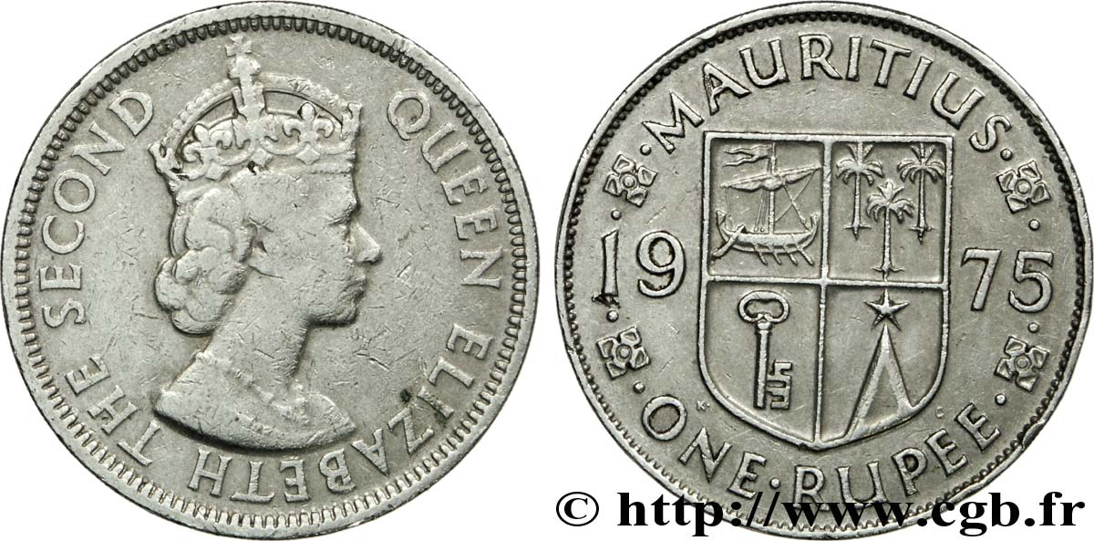 MAURITIUS 1 Roupie roi Elisabeth II / blason 1975  VF 