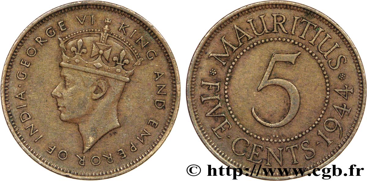 MAURITIUS 5 Cents Georges VI 1944 Pretoria - SA XF 