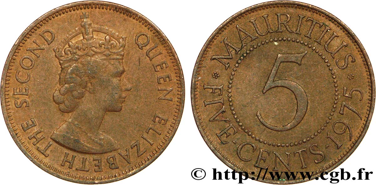 ÎLE MAURICE 5 Cents Elisabeth II 1975  TTB 