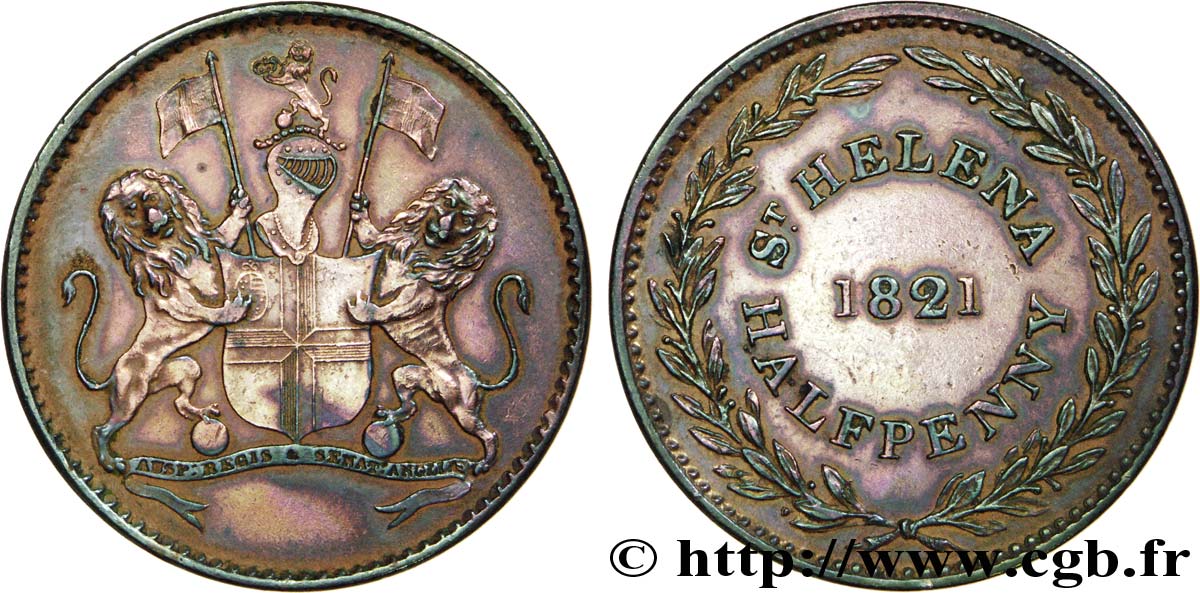 ST. HELENA 1/2 Penny (Half Penny) Armes de la Compagnie britannique des Indes Orientales 1821  VZ 