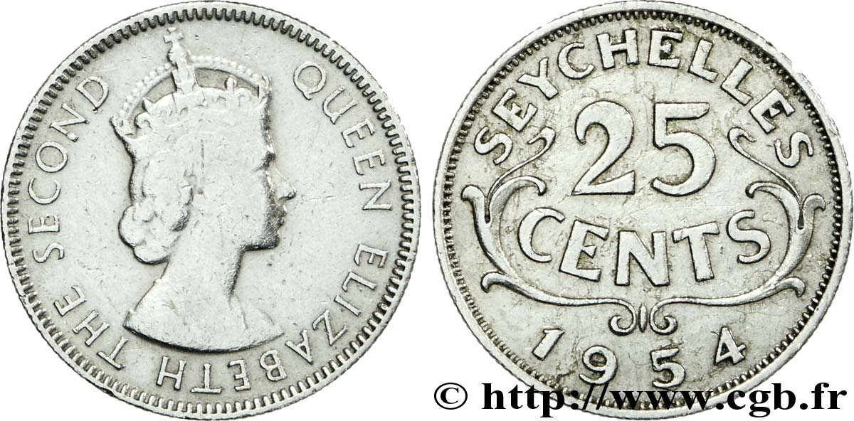 SEYCHELLES 25 Cents Elisabeth II 1954  VF 