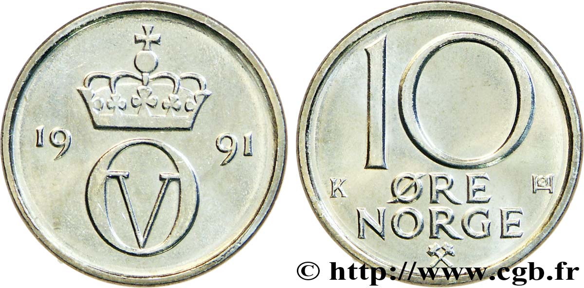 NORWEGEN 10 Ore monograme d’Olav V 1991 Konsberg fST 