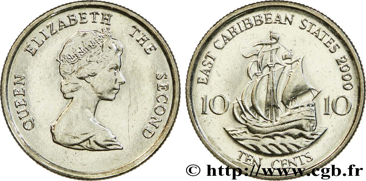 OSTKARIBISCHER STAATEN 10 Cents Elisabeth II / le ‘Golden Hind’, galion de Francis Drake 2000  fST 
