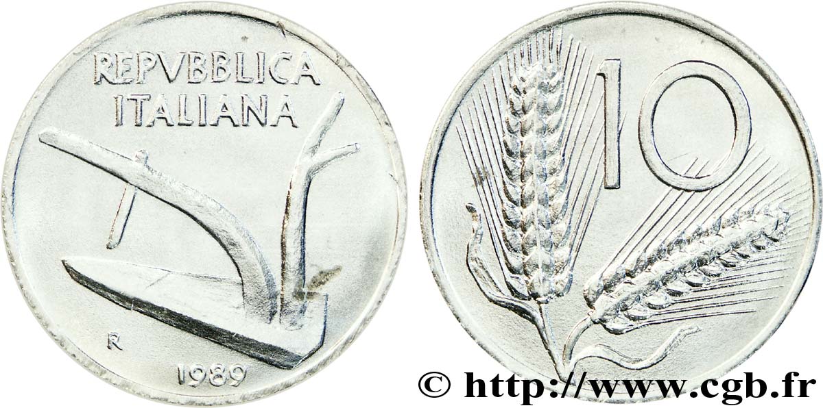ITALIE 10 Lire charrue / 2 épis de blé 1989 Rome - R SPL 
