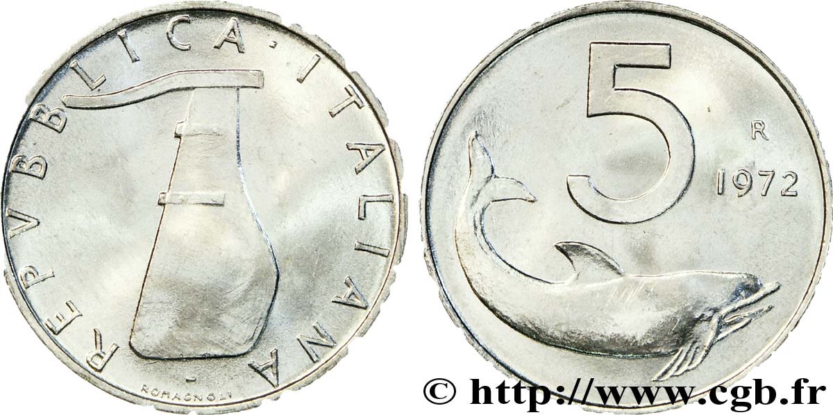 ITALIA 5 Lire gouvernail / dauphin 1972 Rome - R MS 
