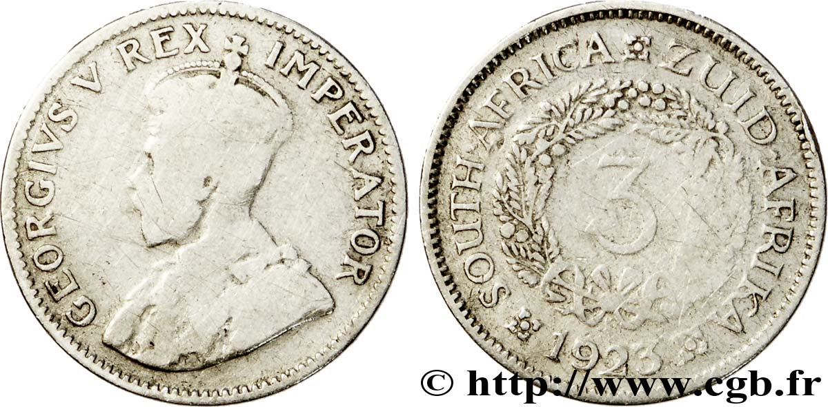 SUDÁFRICA 3 Pence Georges V / couronne de feuillage  1923 Pretoria BC 