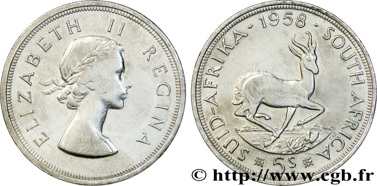 SOUTH AFRICA 5 Shillings Elisabeth II / springbok 1958 Pretoria XF 