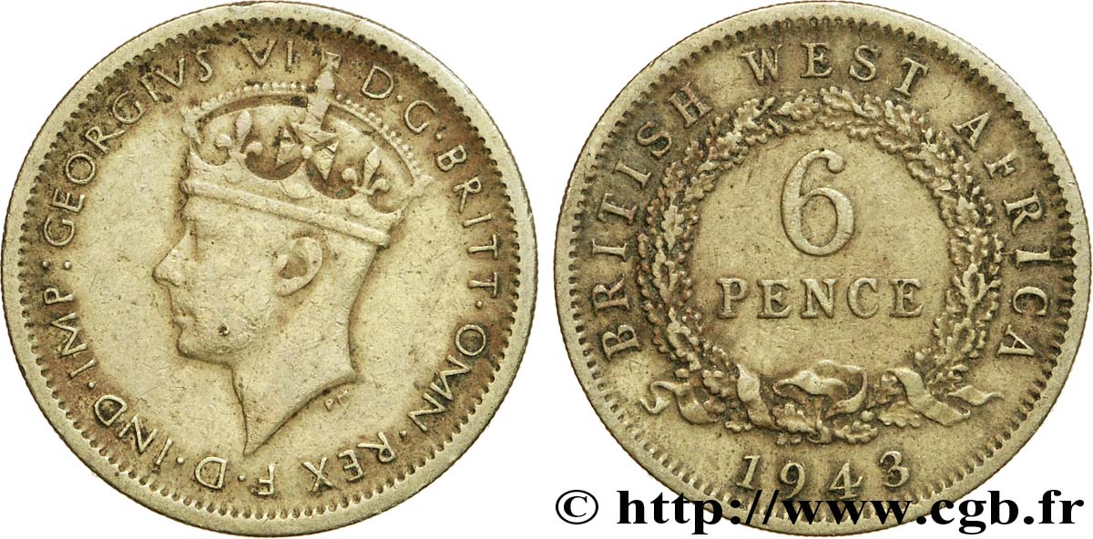 ÁFRICA OCCIDENTAL BRITÁNICA 6 Pence Georges VI 1943  BC+ 