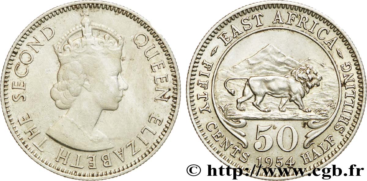 AFRICA DI L EST BRITANNICA  50 Cents (1/2 Shilling) Elisabeth II / lion 1954 Londres BB 