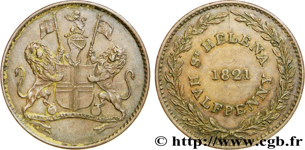 ST. HELENA 1/2 Penny (Half Penny) Armes de la Compagnie britannique des Indes Orientales 1821  fVZ 