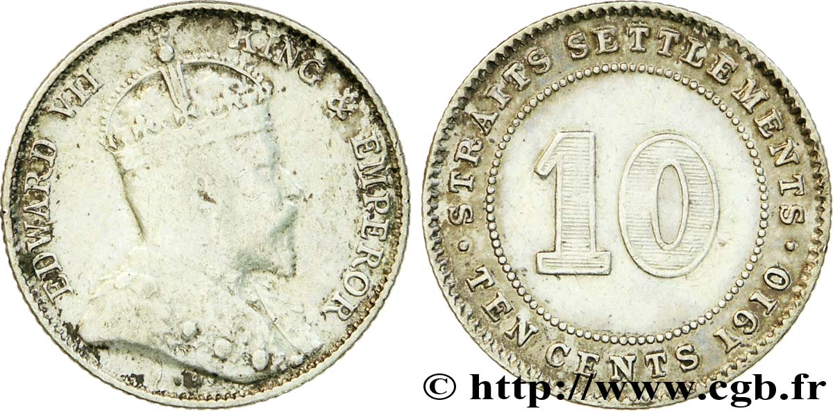 MALASIA - COLONIAS DEL ESTRECHO 10 Cents Straits Settlements Edouard VII 1910 Bombay BC+ 