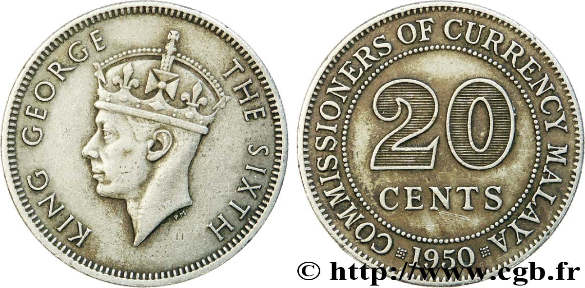 MALAISIE 20 Cents Commission Monétaire de Malaisie Georges VI 1950  TTB 