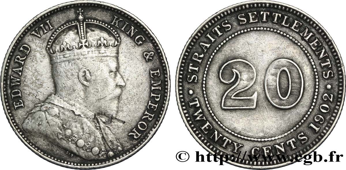 MALASIA - COLONIAS DEL ESTRECHO 20 Cents Straits Settlements Edouard VII 1902  BC+ 