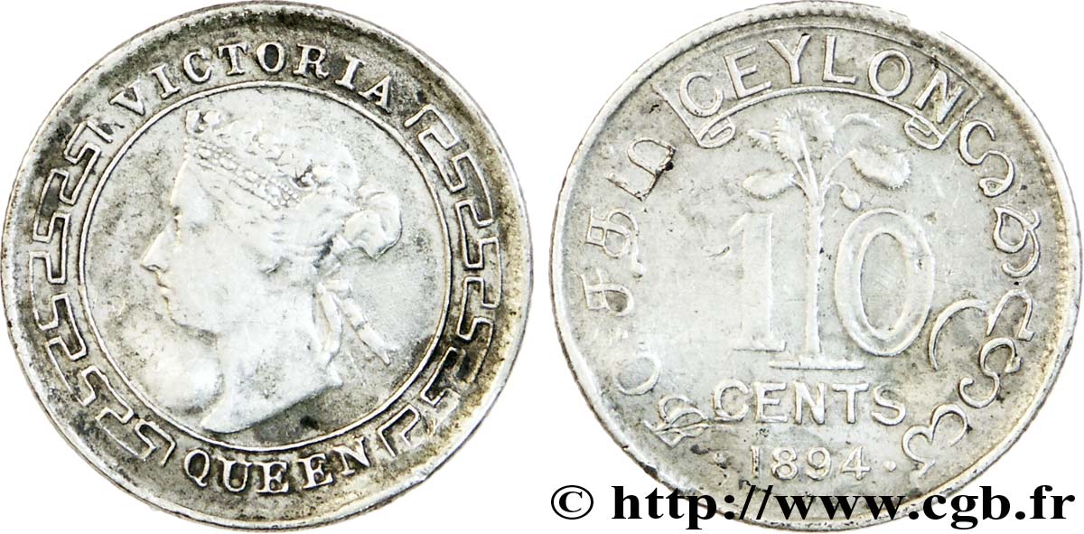 CEYLAN 10 Cents Victoria 1894  TTB 