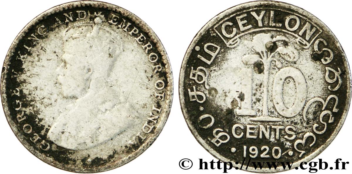 CEYLON 10 Cents Georges V 1920 Bombay VF 