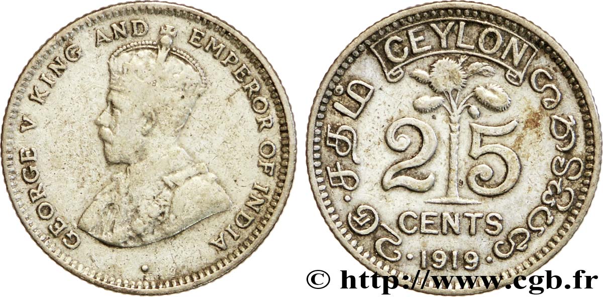 CEILáN 25 Cents Georges V 1919 Bombay BC+ 