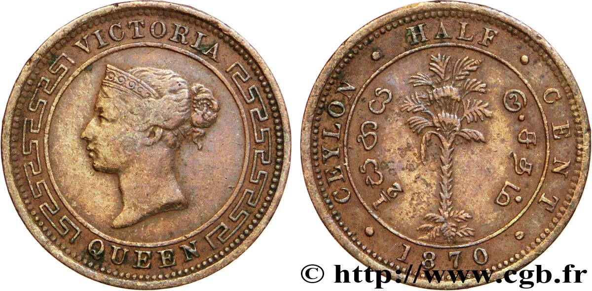 CEYLON 1/2 Cent Victoria 1870  VF 