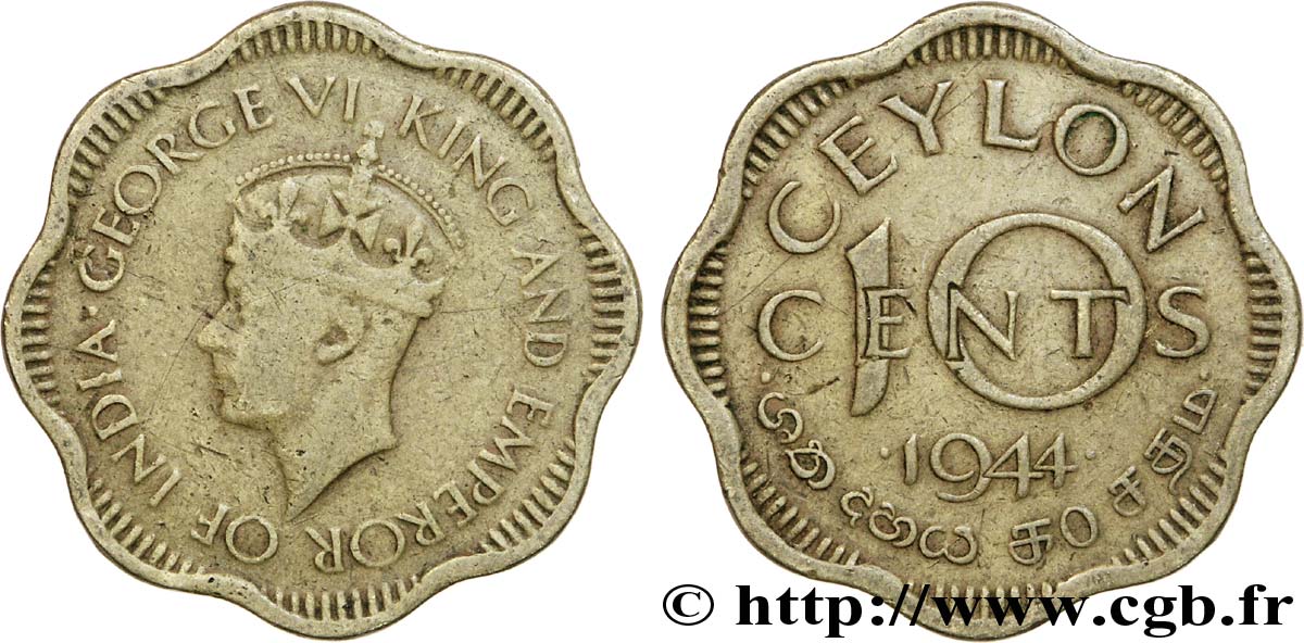 CEYLON 10 Cents Georges VI 1944  S 