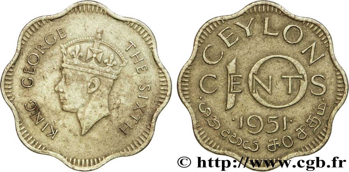 CEYLON 10 Cents Georges VI 1951  VF 