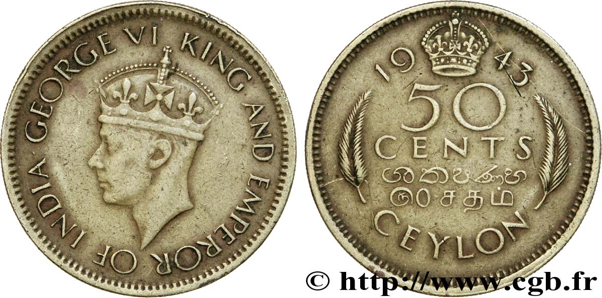 CEYLON 50 Cents Georges VI 1943  XF 