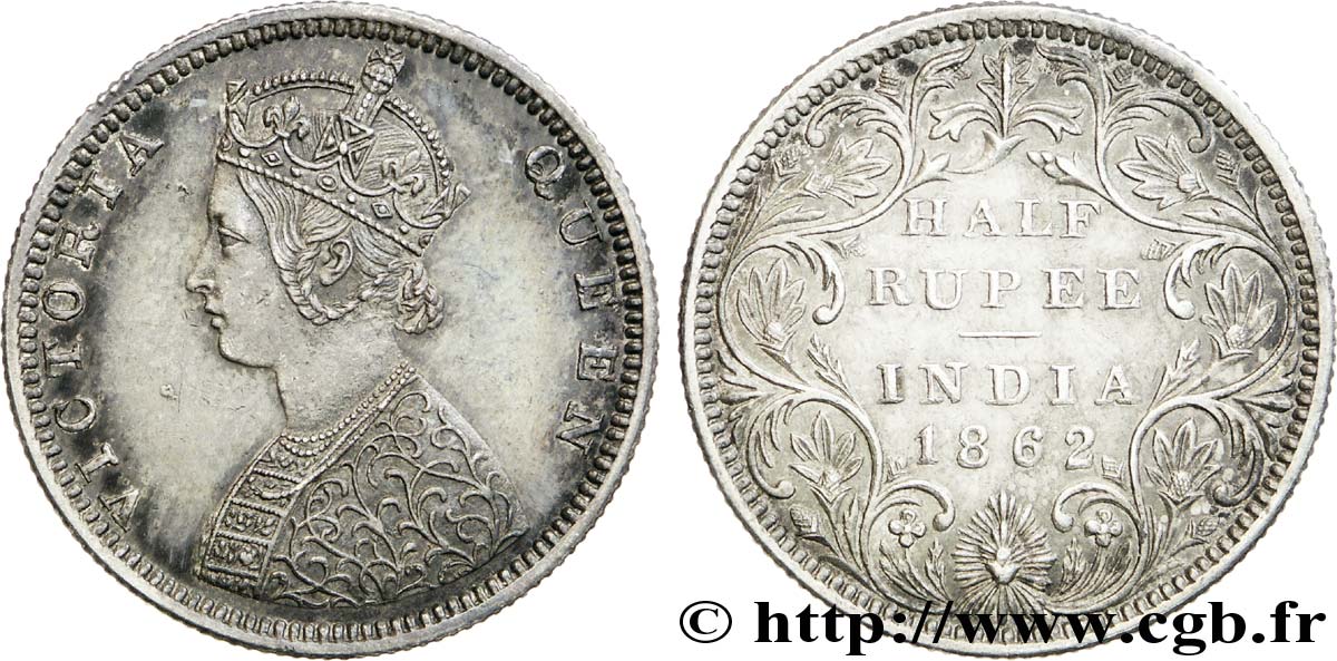 INDIA BRITANNICA 1/2 Roupie Victoria buste B revers de type II 1862  SPL 