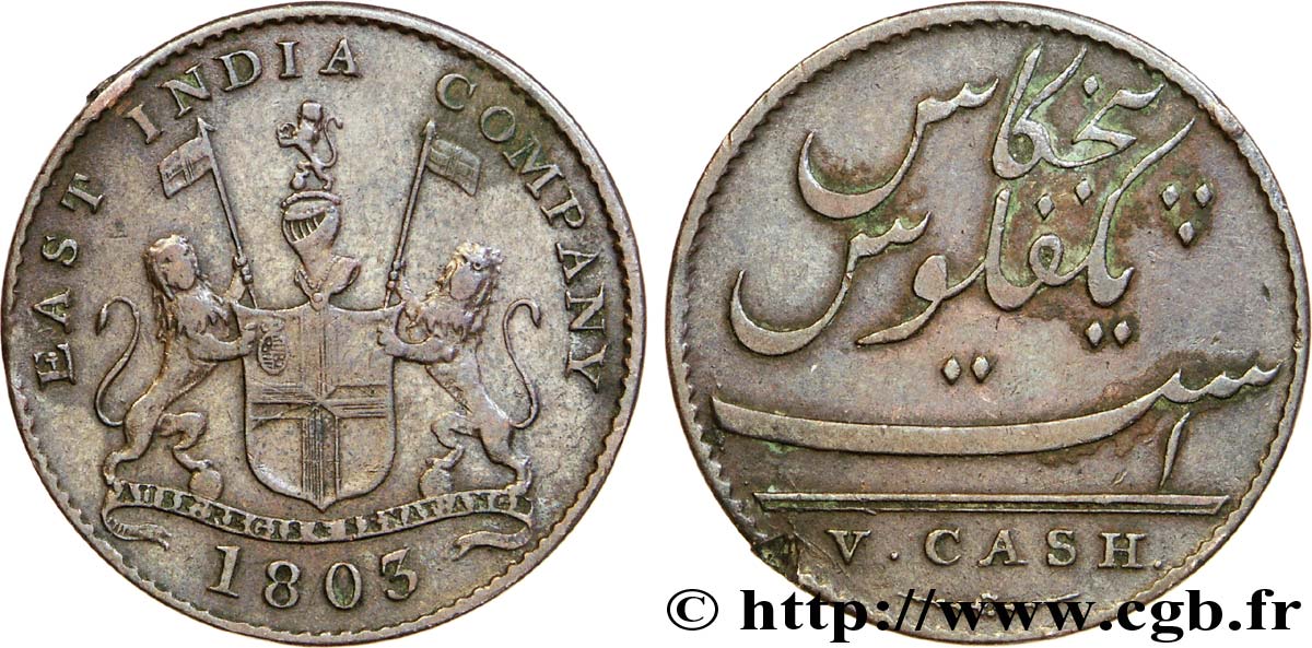 INDIA
 5 Cash Madras East India Company 1803 Soho mint BC+ 