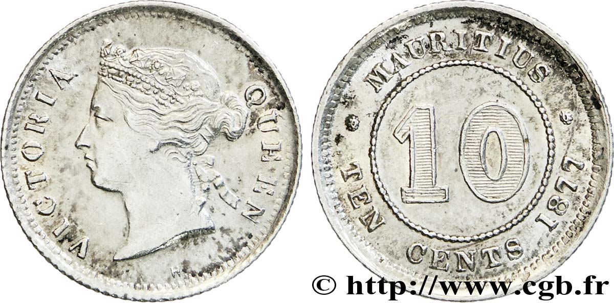 ISLA MAURICIO 10 Cents Victoria 1877 Heaton - H EBC 