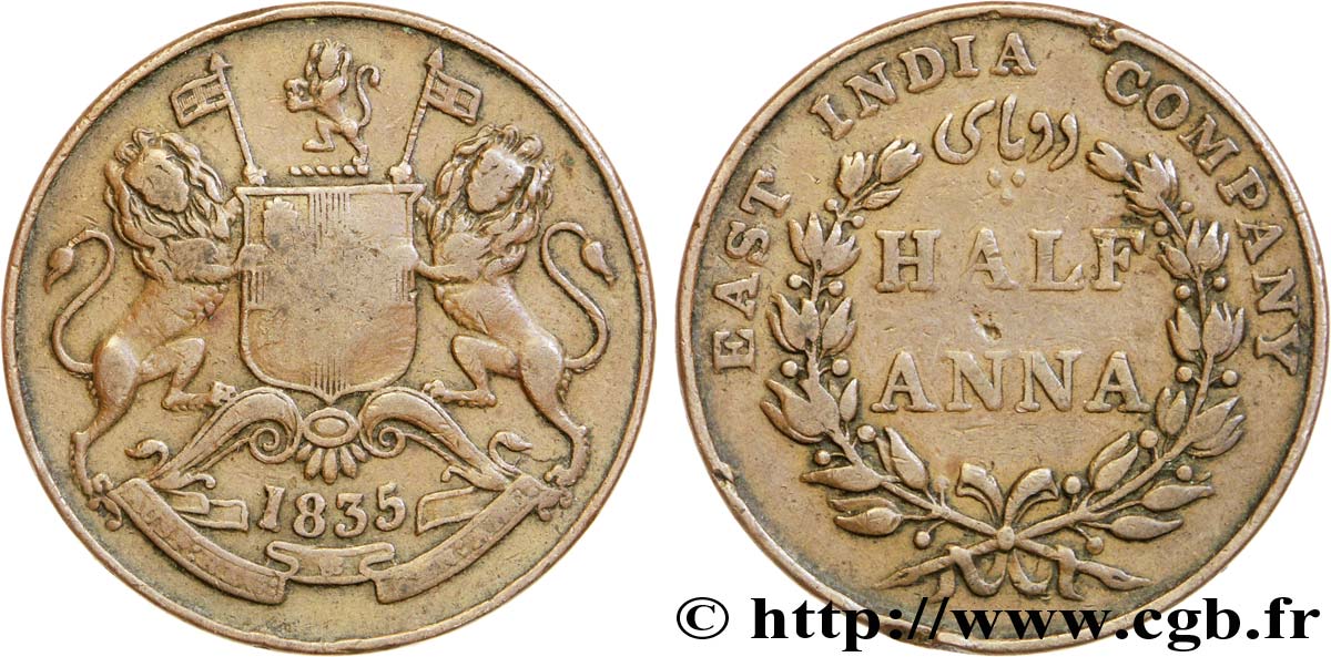 INDIA BRITANNICA 1/2 Anna East India Company 1835 Bombay (mumbai) MB 
