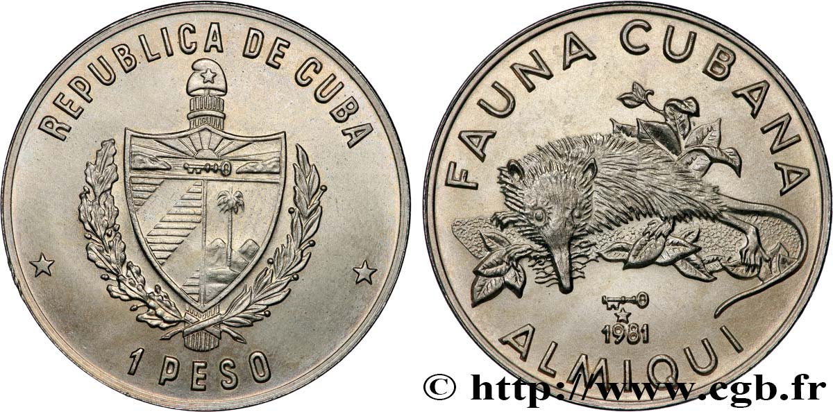 CUBA 1 Peso armes / série Faune Cubaine / solenodon de Cuba ou almiqui 1981  SPL 