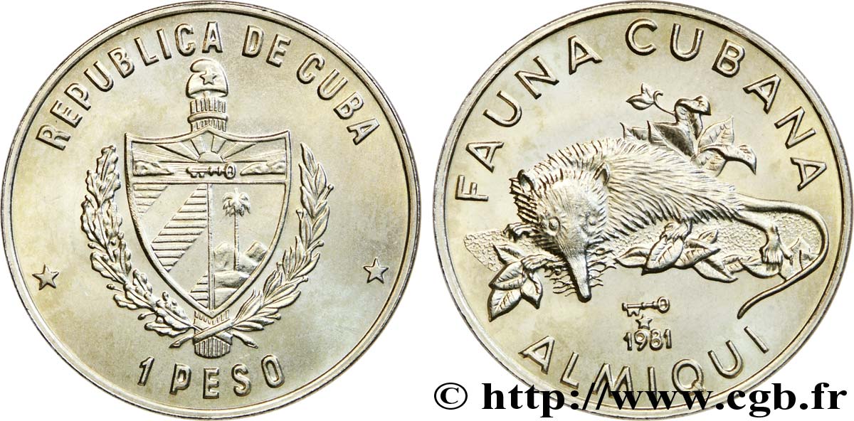 CUBA 1 Peso armes / série Faune Cubaine / solenodon de Cuba ou almiqui 1981  SUP 