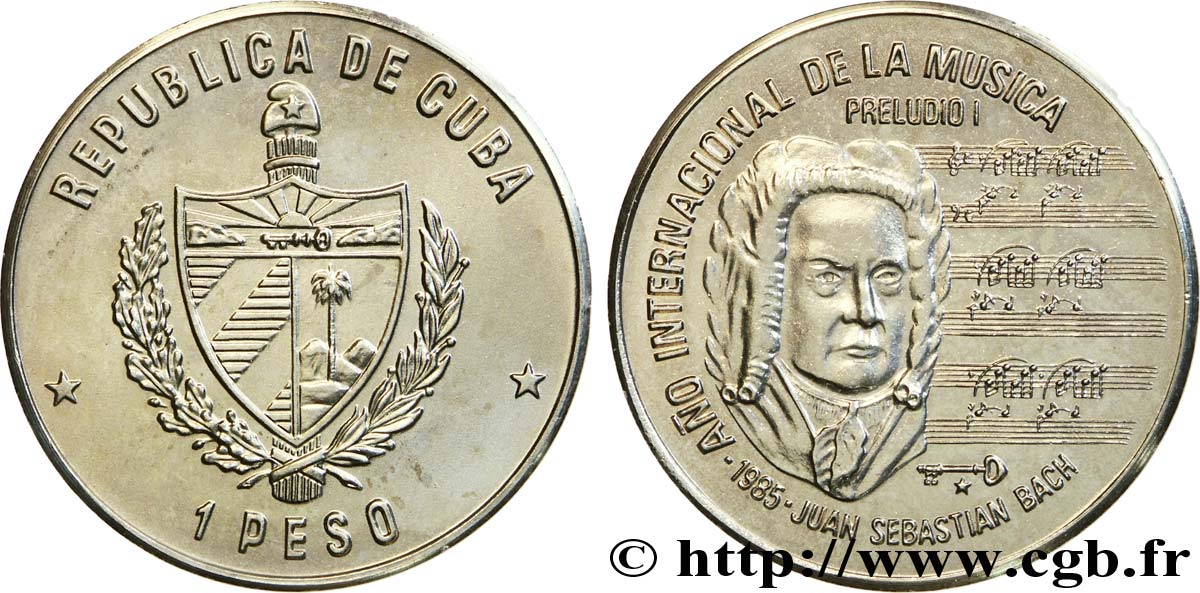 CUBA 1 Peso armes / année internationale de la musique : Jean-Sébastien Bach 1985  SPL 