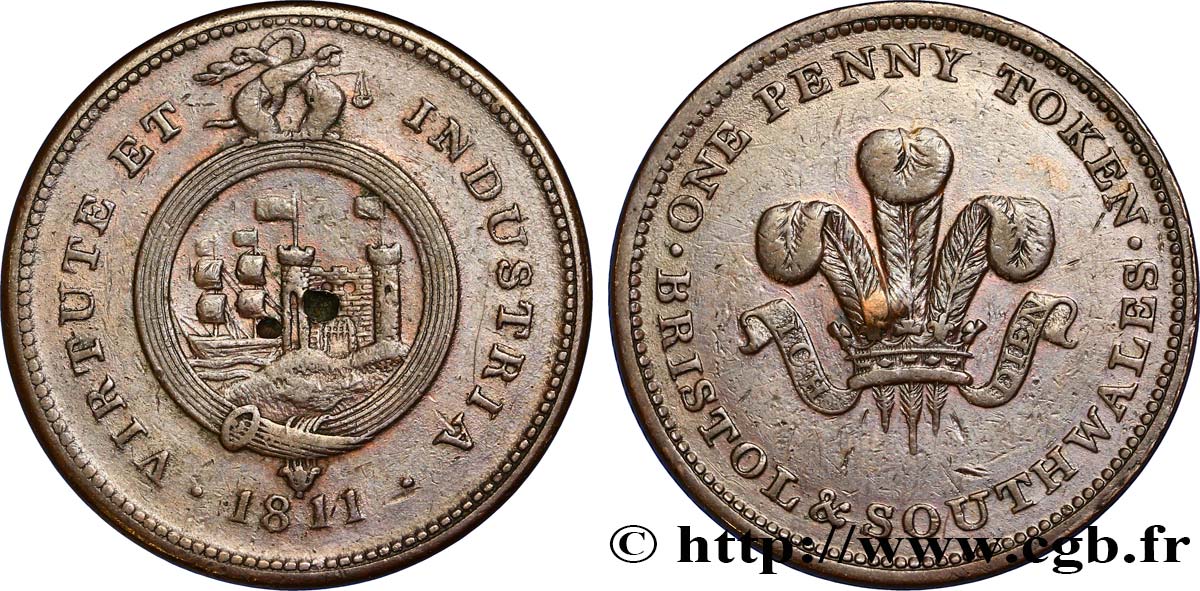 VEREINIGTEN KÖNIGREICH (TOKENS) 1 Penny Bristol (Somerset) Bristol and Southern Wales, armes du prince de Galles 1811  S 