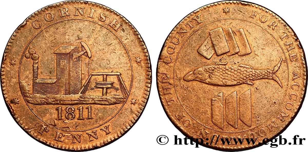 BRITISH TOKENS OR JETTONS 1 Penny “Cornish Penny” Scorrier House (Redruth), pompe, poisson et lingots d’étain, mine 1811  XF 