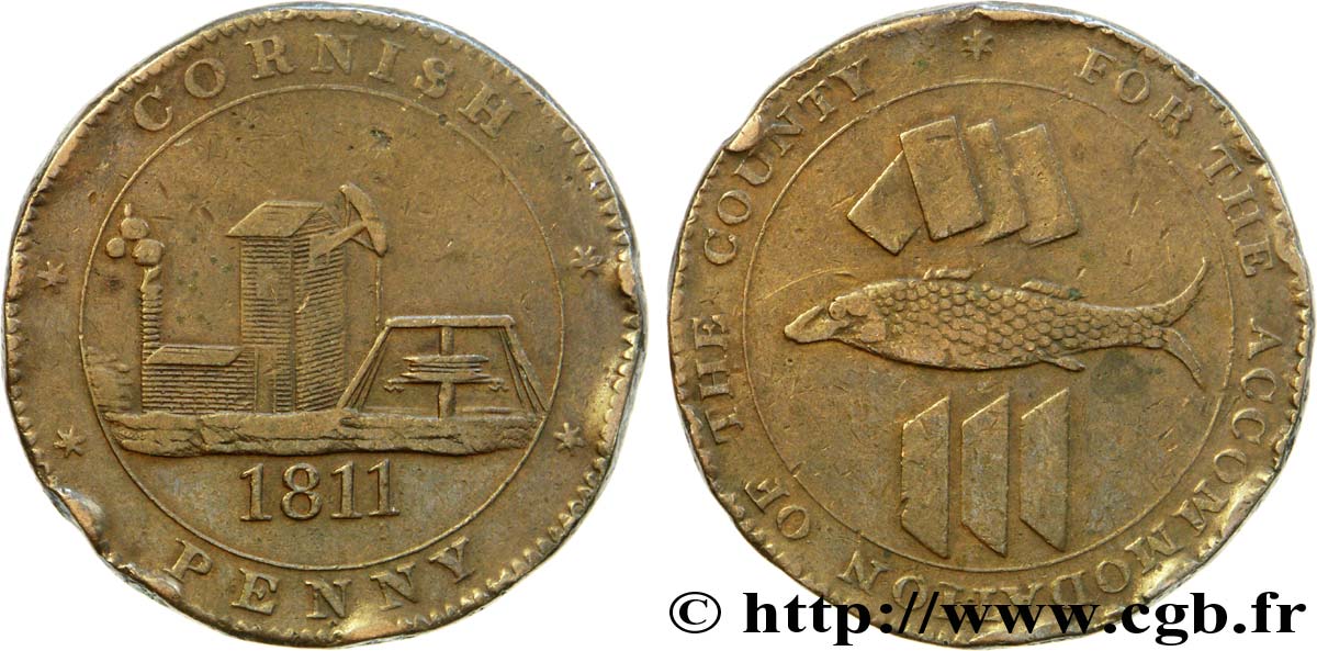 BRITISH TOKENS 1 Penny “Cornish Penny” Scorrier House (Redruth), pompe, poisson et lingots d’étain, mine 1811  VF 