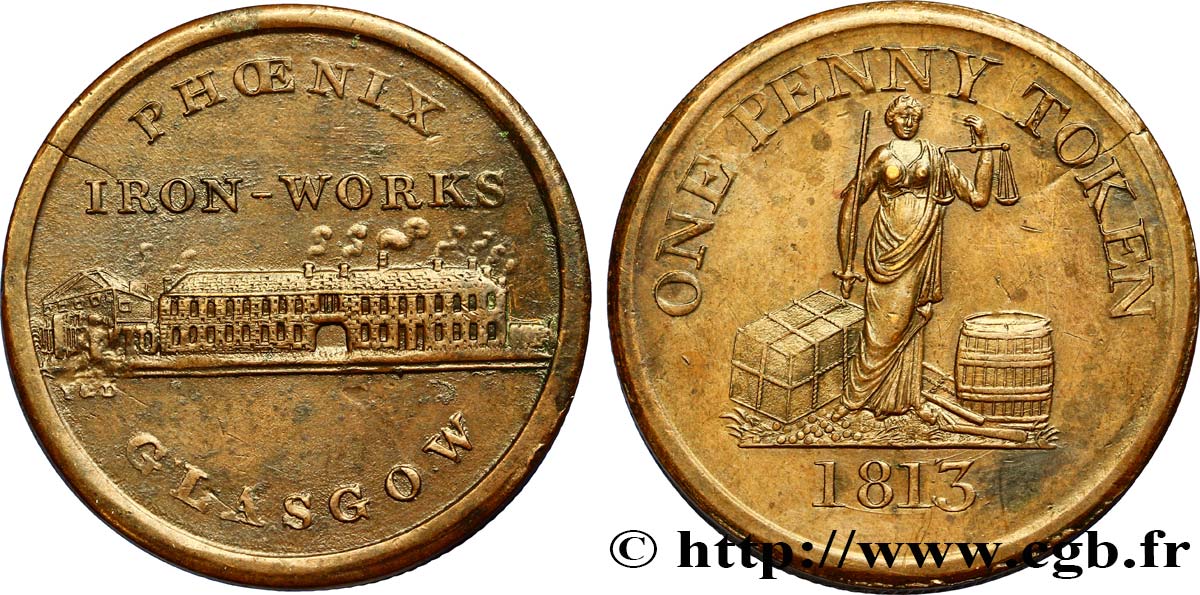 BRITISH TOKENS OR JETTONS 1 Penny Glasgow (Lanarkshire, Écosse) fonderie Phoenix / Justice 1813  AU 