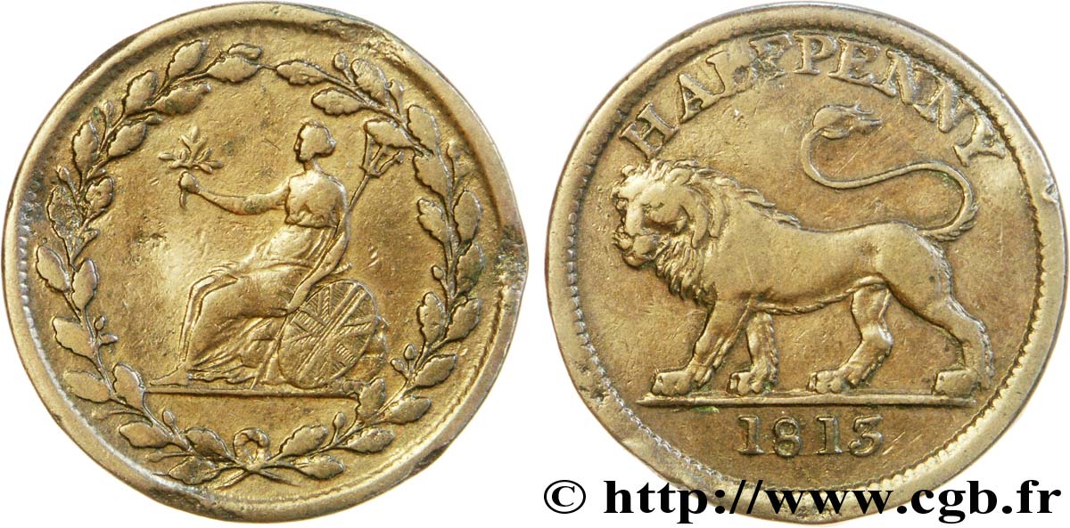 BRITISH TOKENS OR JETTONS 1/2 Penny lion / allégorie du commerce, diamètre 29 mm 1813  VG 