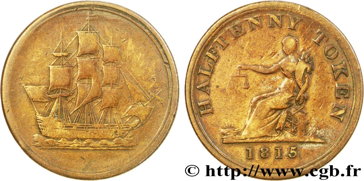BRITISH TOKENS 1/2 Penny voilier voguant vers la droite / allégorie du commerce 1815  VF 